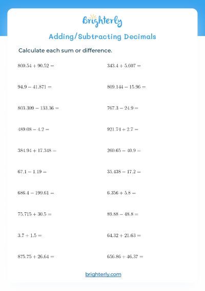 Adding Subtracting Decimals Worksheet