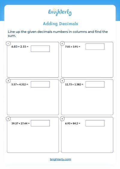 Adding Decimal Worksheets