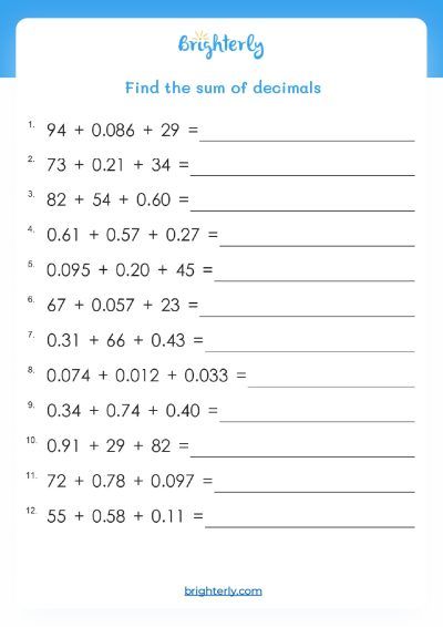 Addition With Decimals Worksheet