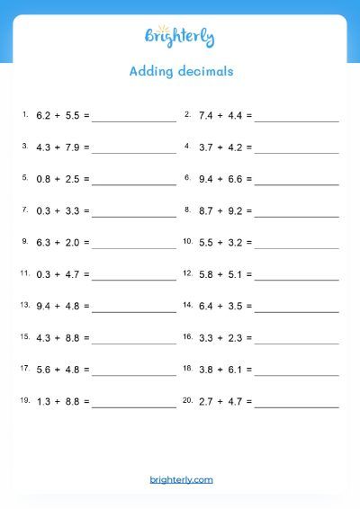 Adding With Decimals Worksheet