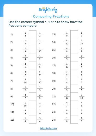 Comparing Fraction Worksheets