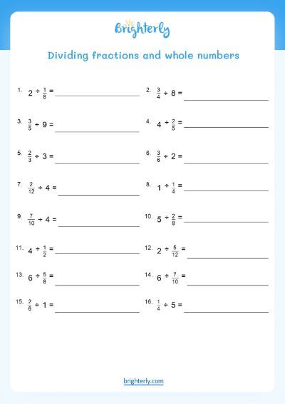 Dividing Fractions Problems Worksheet