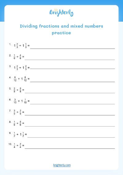 Divide Fractions Worksheet