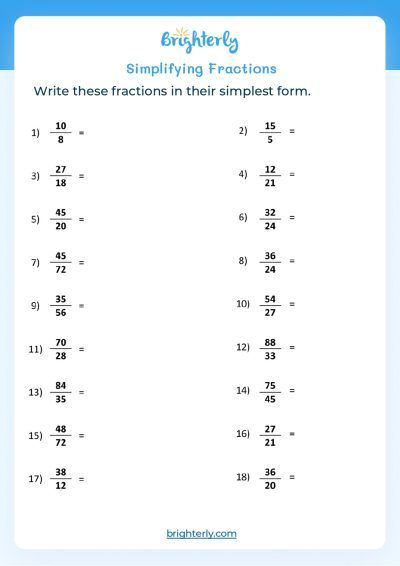 Simplifying Fraction Worksheet