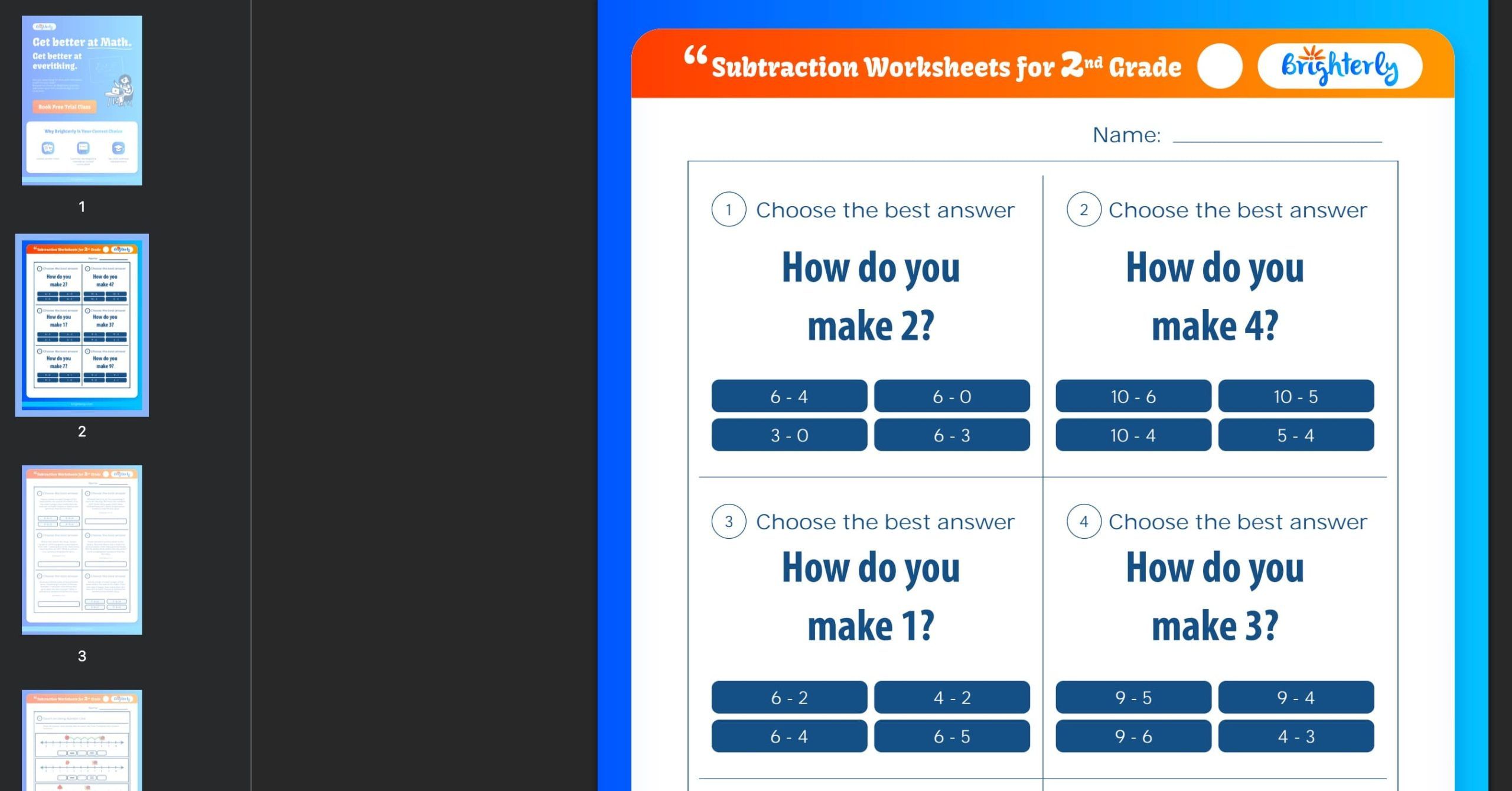 Subtraction worksheets for grade 2: Examples