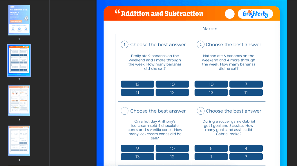 Simple addition and subtraction worksheets: Examples