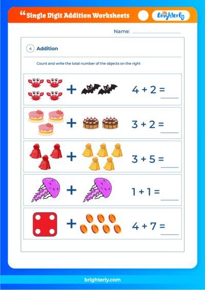 One Digit Addition Worksheets