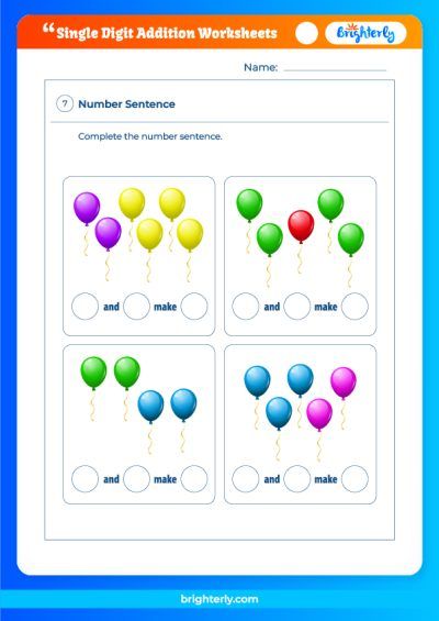 Adding Single Digit Numbers Worksheet