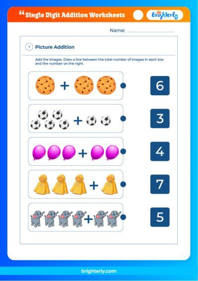 Add Single Digit Numbers Worksheet