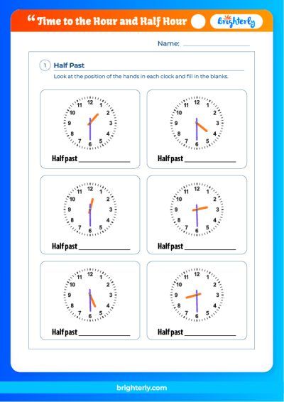 Time To The Half Hour Worksheets