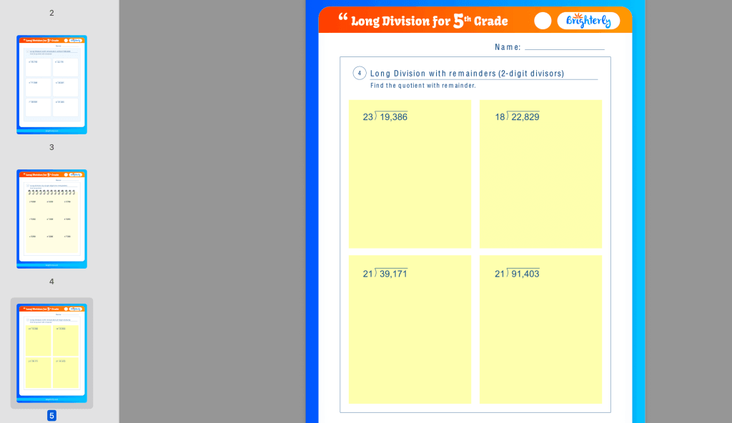 5th grade long division worksheets: Examples