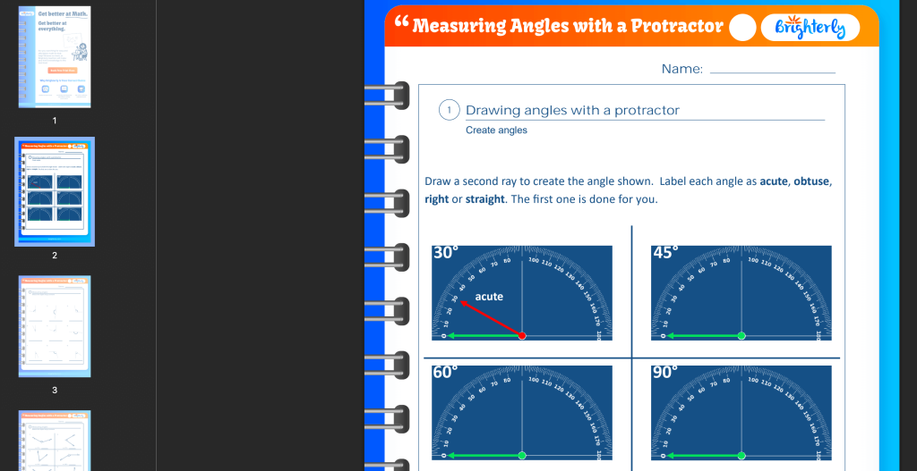 Measuring angles with a protractor worksheet: Examples