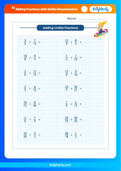 Adding Fraction With Unlike Denominators Worksheet