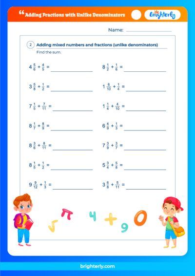 Adding Fractions With Unlike Denominators Worksheets PDF