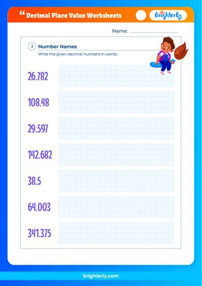 Identifying Decimal Place Value Worksheets