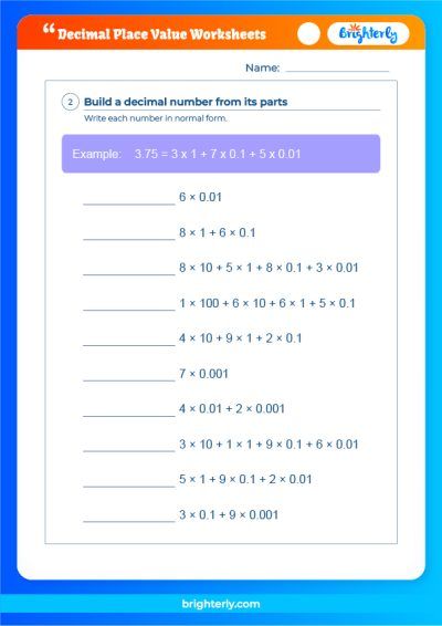 Decimals Place Value Worksheet