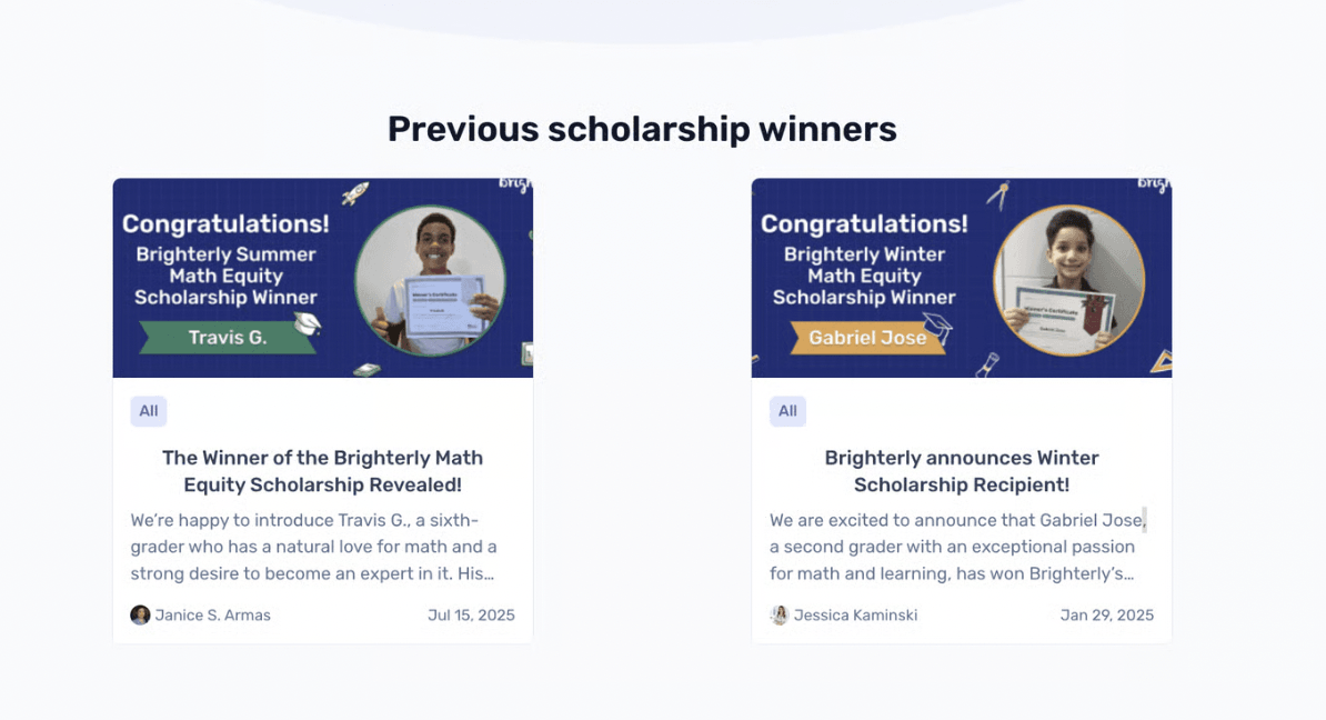 Brighterly Math Equity Scholarship for elementary students