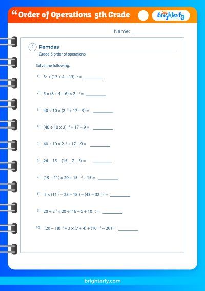 5Th Grade Order Of Operations Worksheet