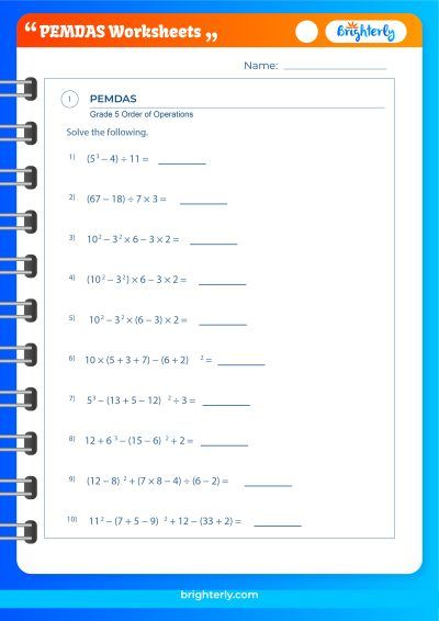 PEMDAS Order Of Operations Worksheet