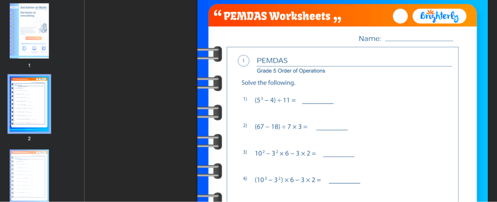 PEMDAS equations worksheets: Examples