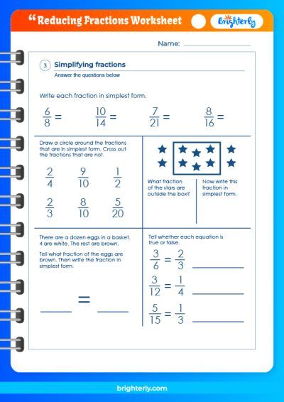 Reduce Fraction Worksheets