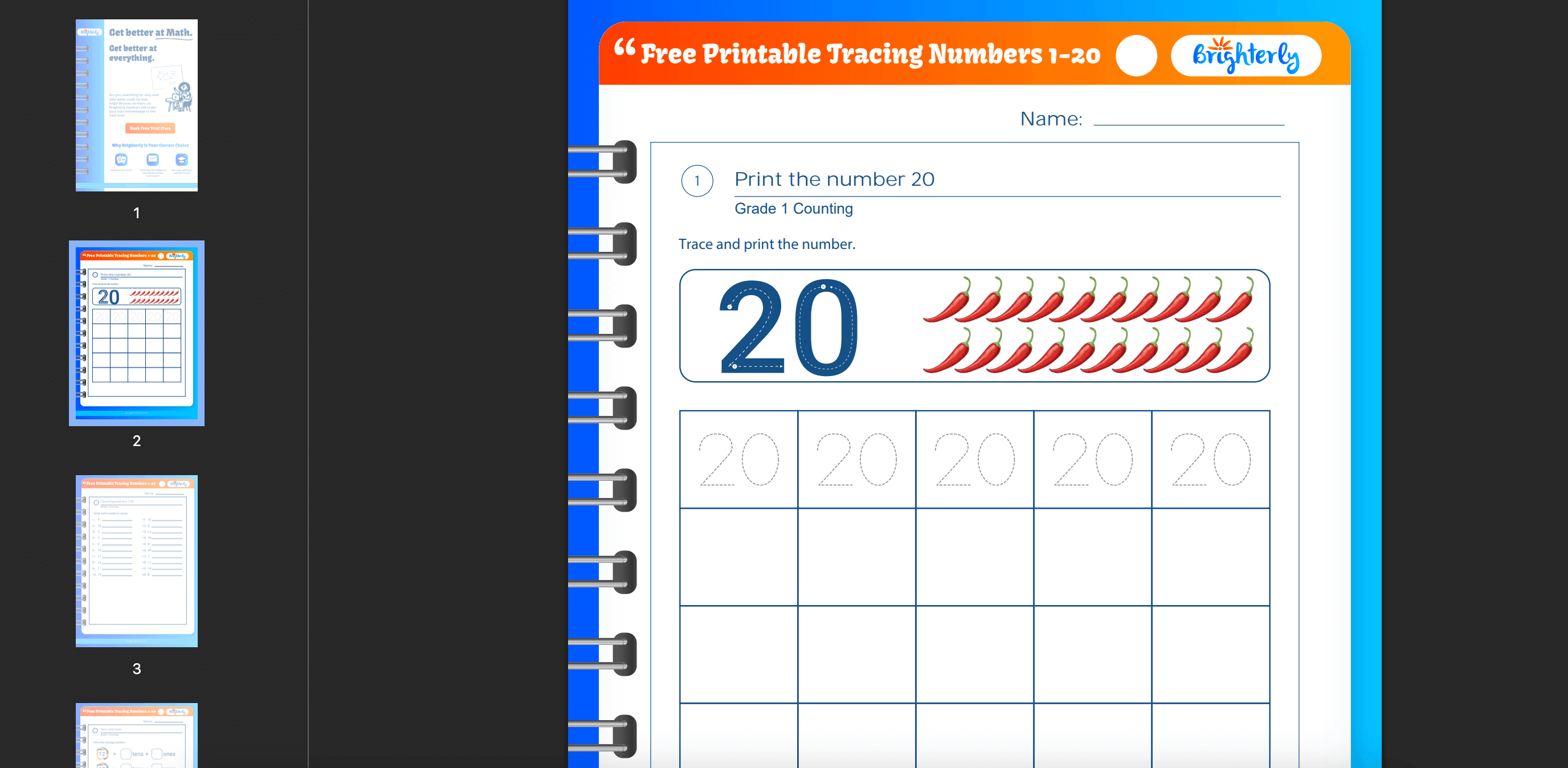 1-20 tracing worksheets: Examples
