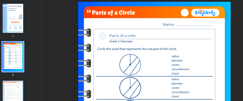 Parts of a circle worksheet: Examples