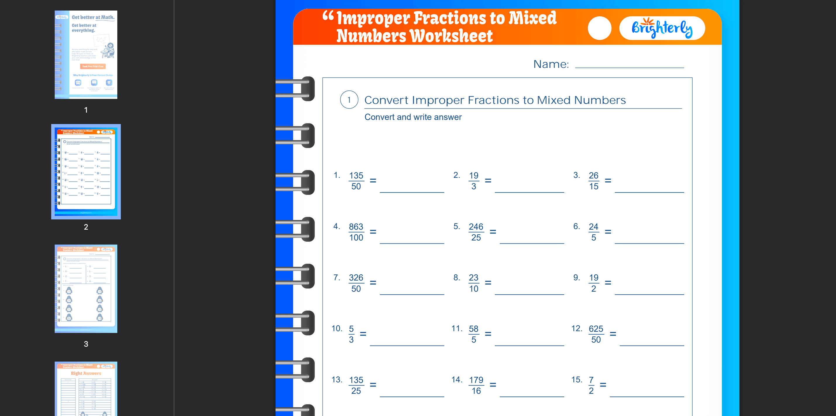Converting improper fractions to mixed numbers worksheet: Examples