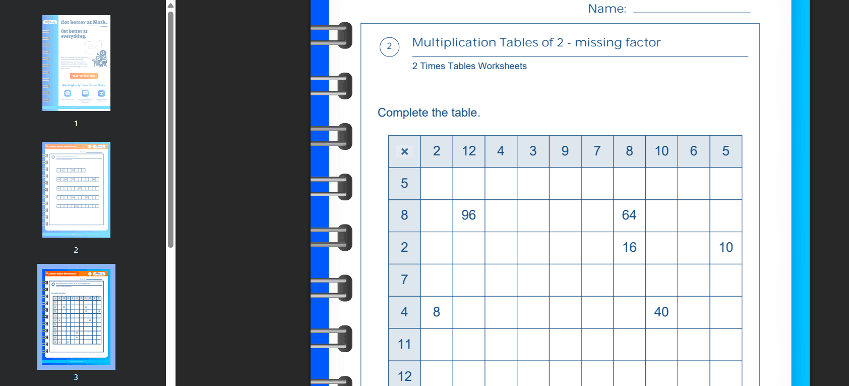 Brighterly 2 times tables worksheet: Examples