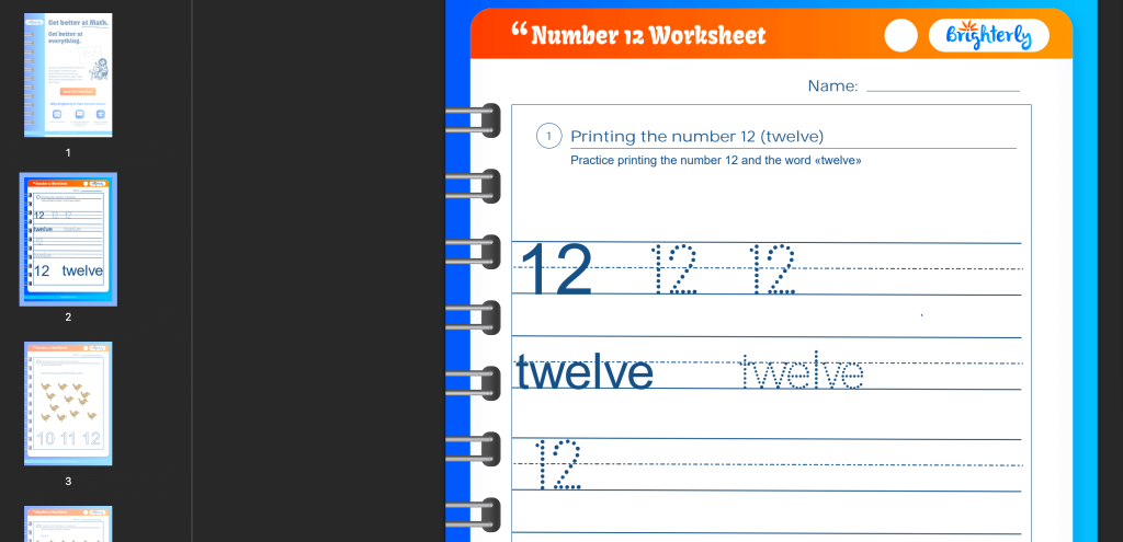 Free printable number 12 tracing worksheet in PDF: Examples of Brighterly