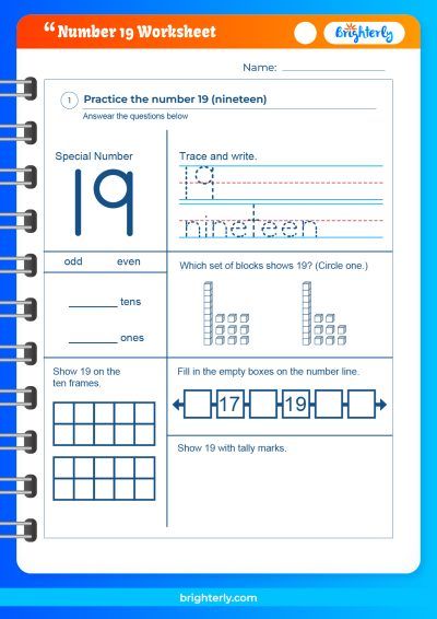 Printable Number 19 Worksheets For Kindergarten