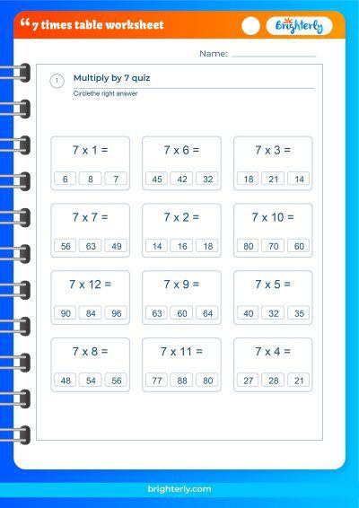 7 Times Table Worksheet Free