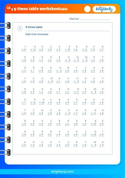 9 Times Tables Worksheet