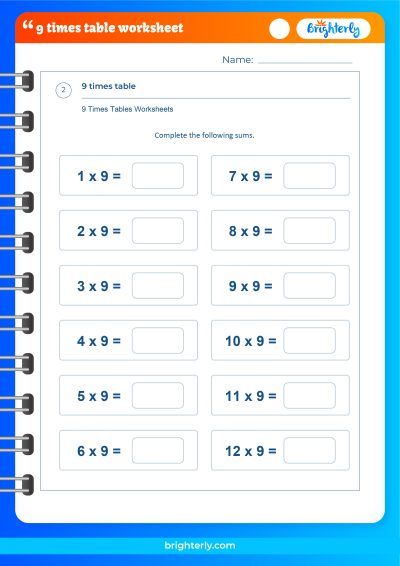 9X Tables Worksheets