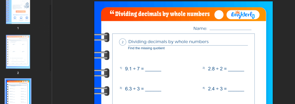 Dividing decimals by whole numbers worksheets: Examples