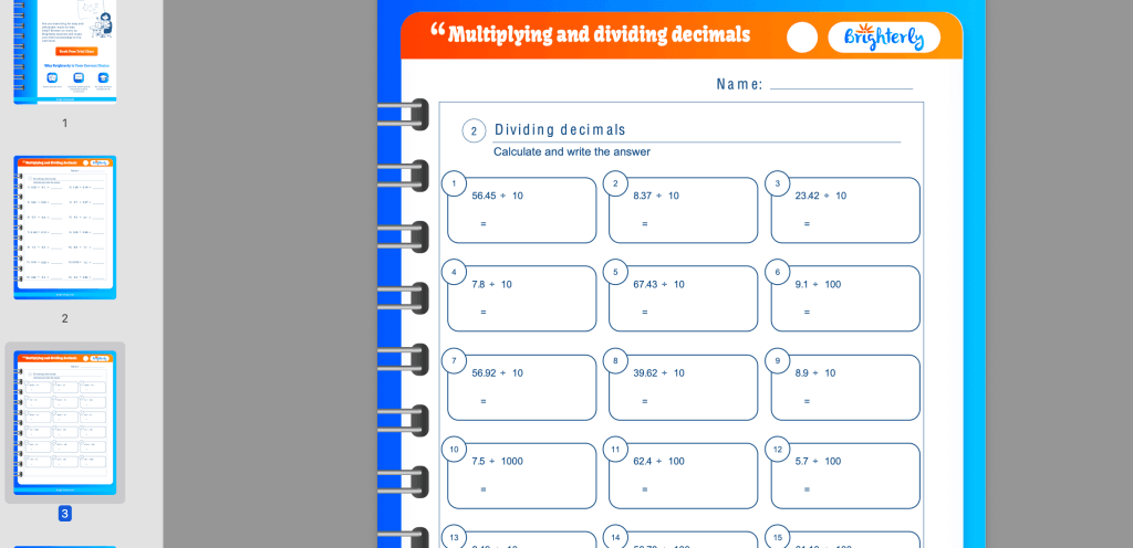 Multiplying and dividing decimals worksheets PDF: Examples