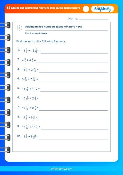 Adding And Subtracting Fractions Unlike Denominators Worksheet