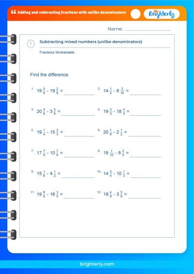 Add Subtract Fractions Unlike Denominators Worksheet