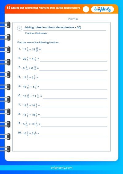 Adding Subtracting Fractions With Unlike Denominators Worksheet