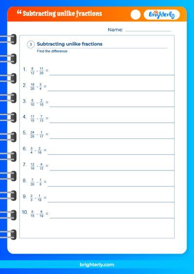 Subtracting Fractions With Different Denominators Worksheet