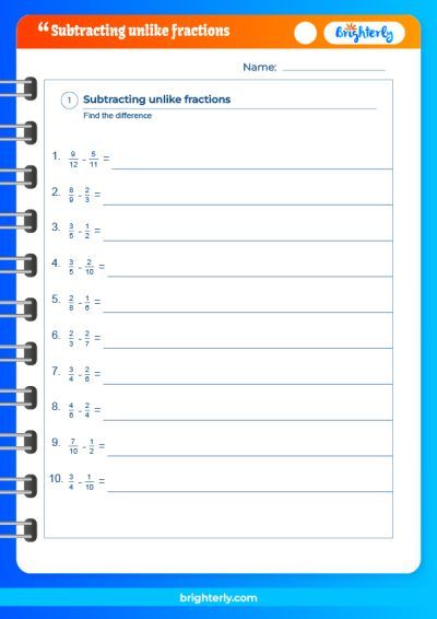 Subtracting Fractions With Unlike Denominators Worksheets With Answers