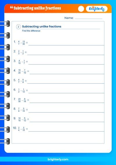 Subtract Fractions With Unlike Denominators Worksheets