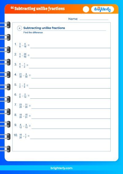 Subtracting Fractions Unlike Denominators Worksheet