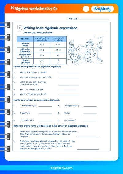 Grade 7 Math Worksheets Algebra