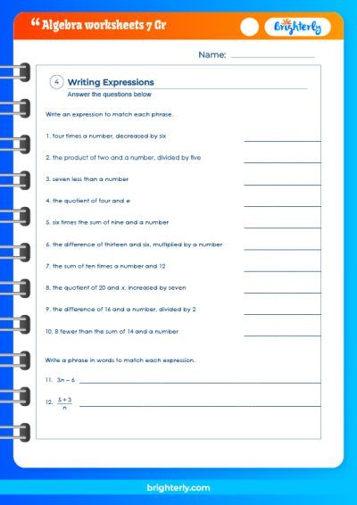 7th Grade Math Algebra Worksheets