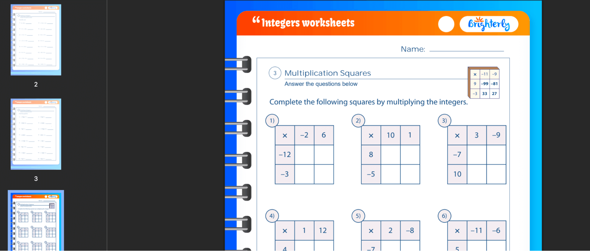 7th grade integers worksheet PDF: Example