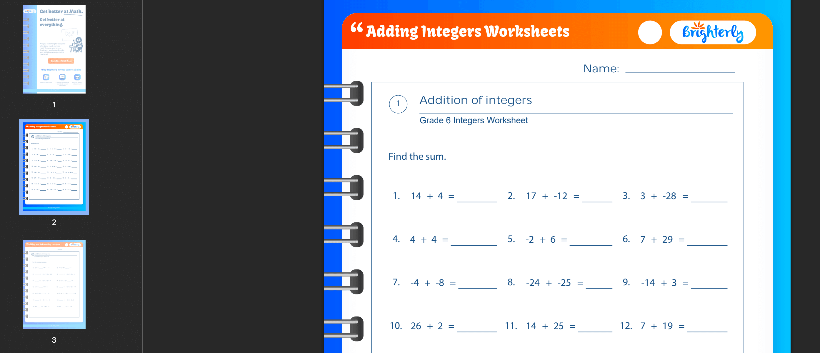Adding integers worksheet PDF: Examples