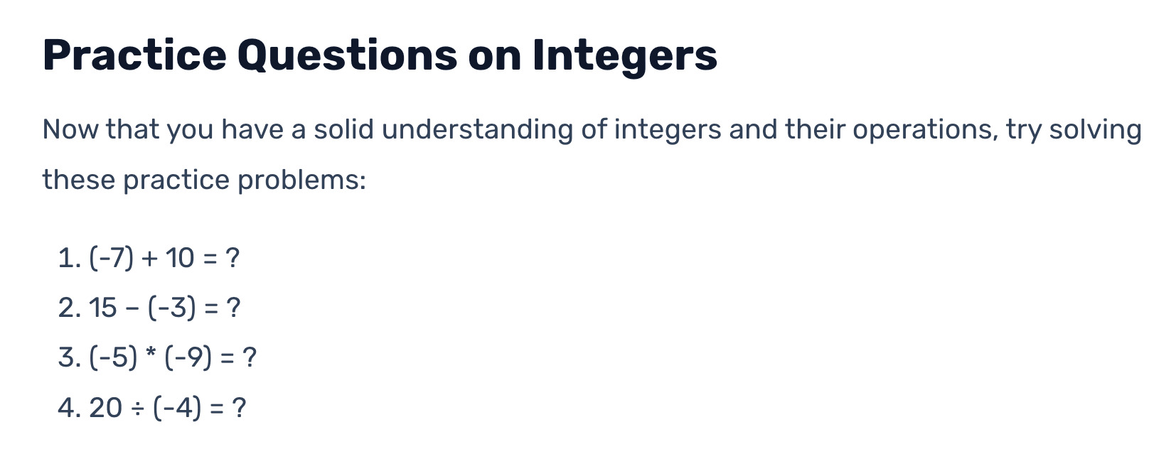 Adding integers worksheet: Practice