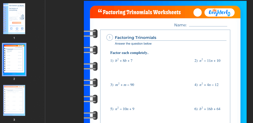 Content of a factoring perfect square trinomials worksheet: Examples