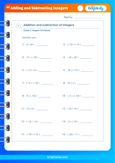 Addition And Subtraction Of Integers Worksheet